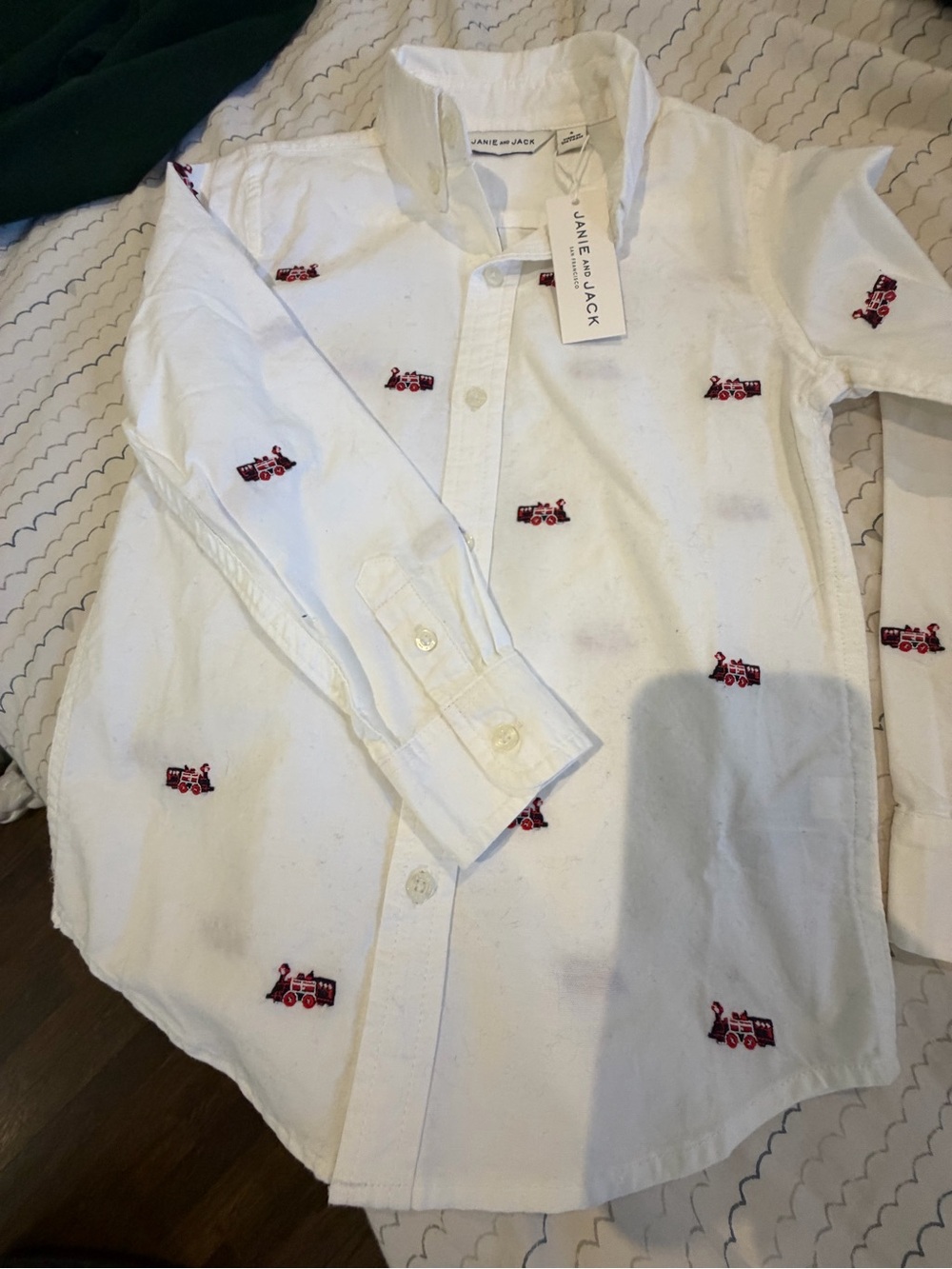 Janie and Jack White Button-Down Shirt with Red Fire Truck Motif